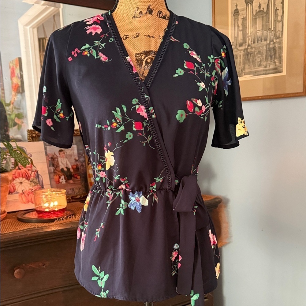 Sienna Sky Navy Blue Multicolored Floral Print Faux Wrap Top - Picture 4 of 11